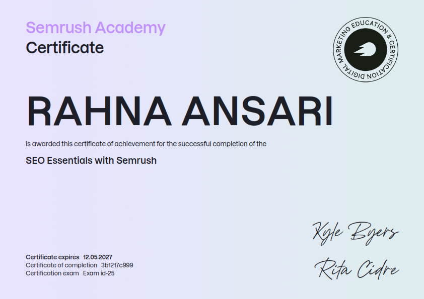 SEO Essentials with Semrush Certificate